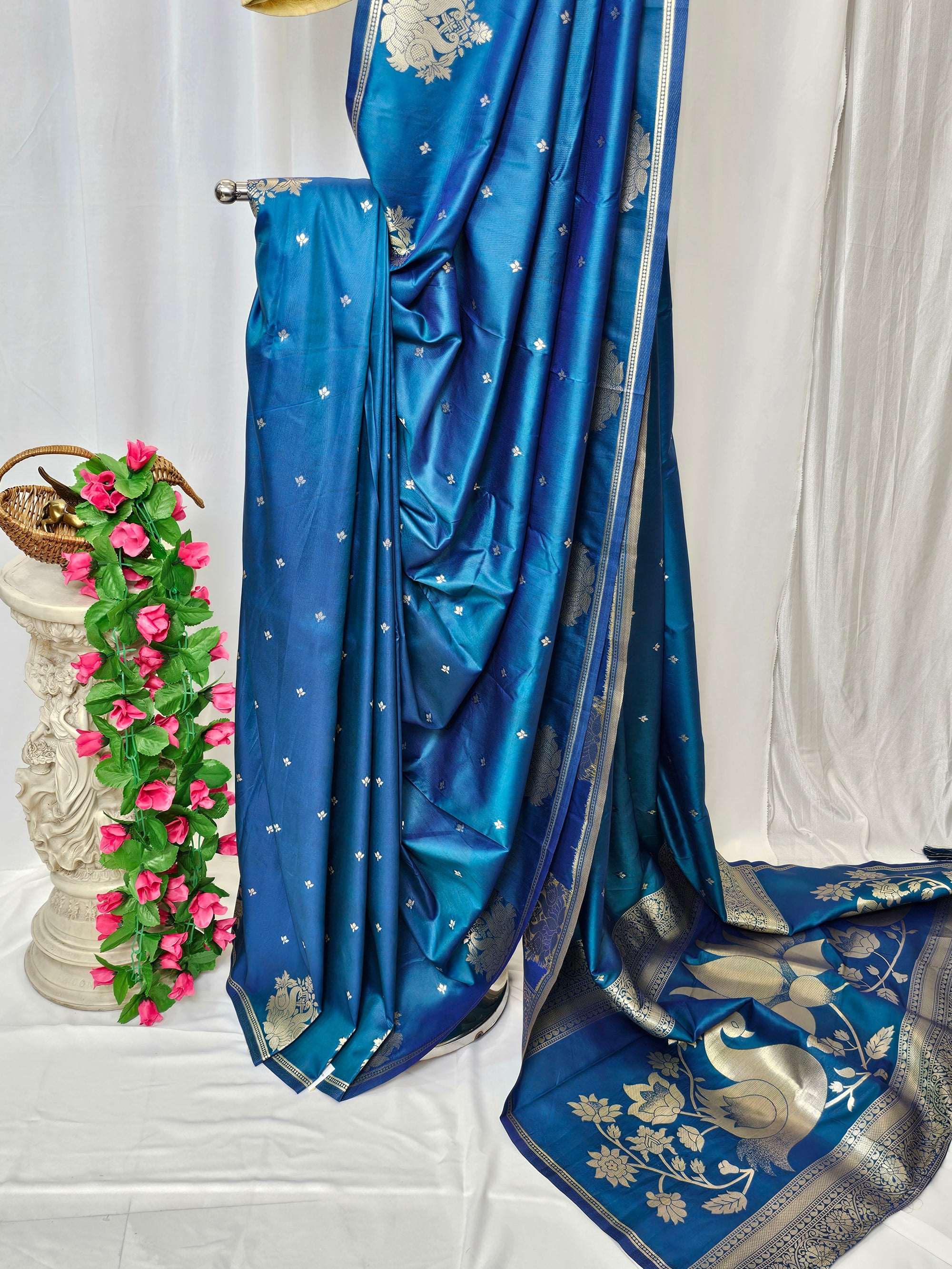 Rama Blue Soft-Silk Paithani Saree with Gold Zari Rajhans Border & Jai Jui Full Butti – Wedding & Festive Wear