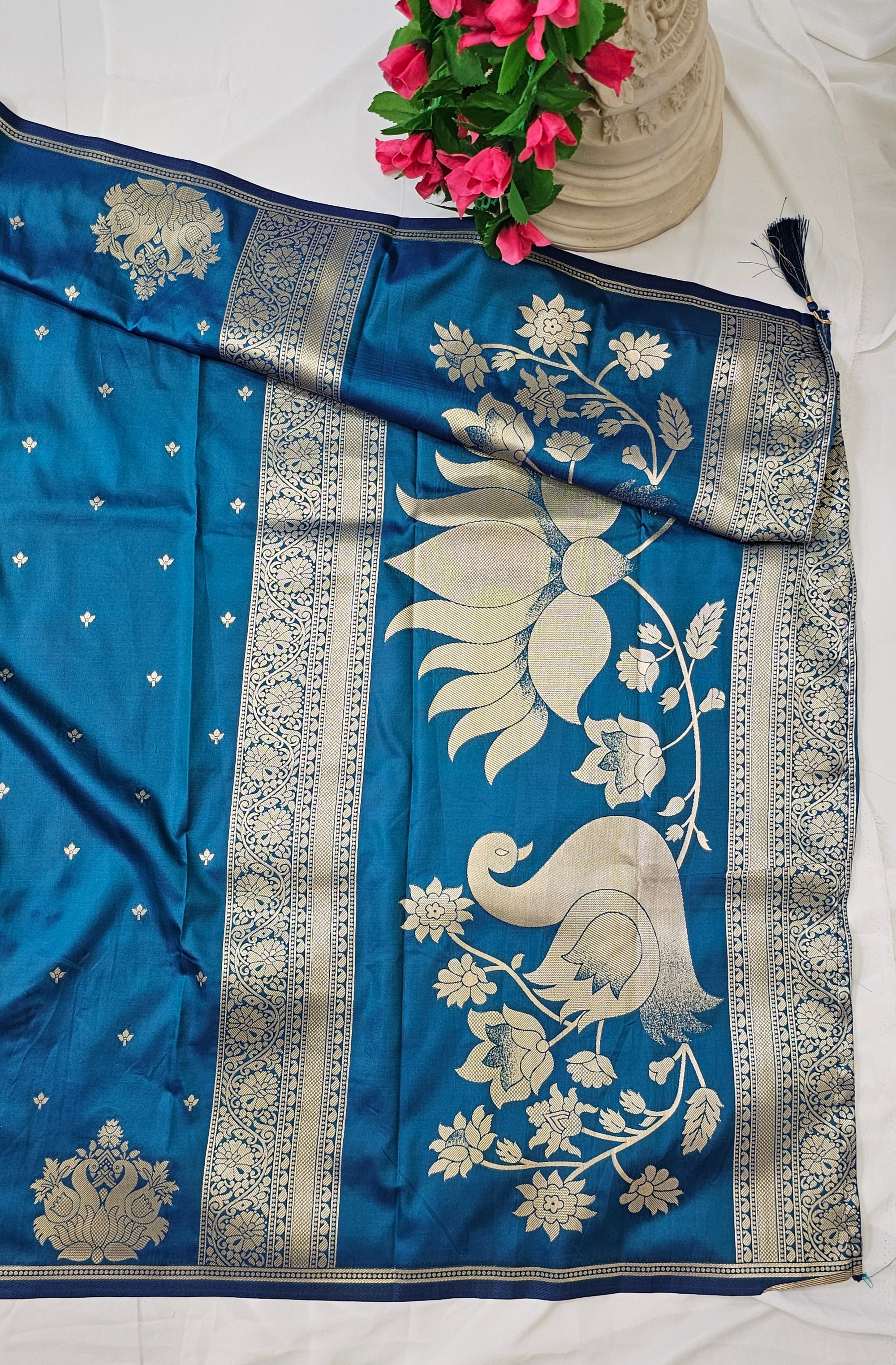 Rama Blue Soft-Silk Paithani Saree with Gold Zari Rajhans Border & Jai Jui Full Butti – Wedding & Festive Wear