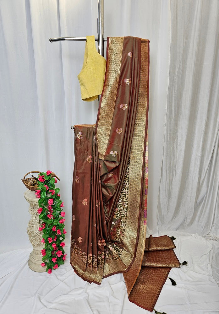 Anjiri Semi-Silk Soft Silk Saree with Gold Zari Phulkari Border & Brocade Pallu – Wedding & Festive Wear