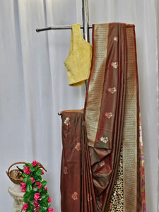Anjiri Semi-Silk Soft Silk Saree with Gold Zari Phulkari Border & Brocade Pallu – Wedding & Festive Wear