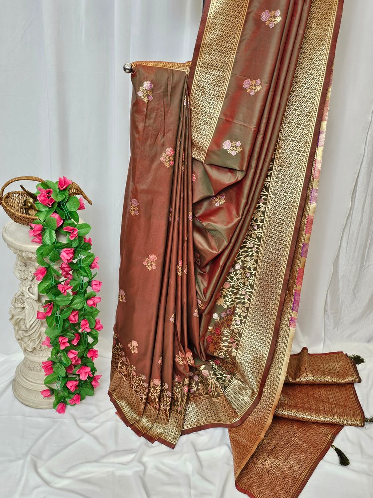 Anjiri Semi-Silk Soft Silk Saree with Gold Zari Phulkari Border & Brocade Pallu – Wedding & Festive Wear