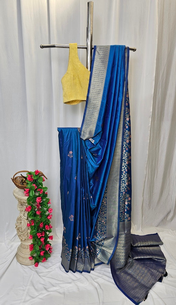 Blue Semi-Silk Soft Silk Saree with Gold Zari Phulkari Border & Brocade Pallu – Wedding & Festive Wear