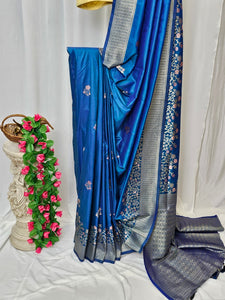Blue Semi-Silk Soft Silk Saree with Gold Zari Phulkari Border & Brocade Pallu – Wedding & Festive Wear