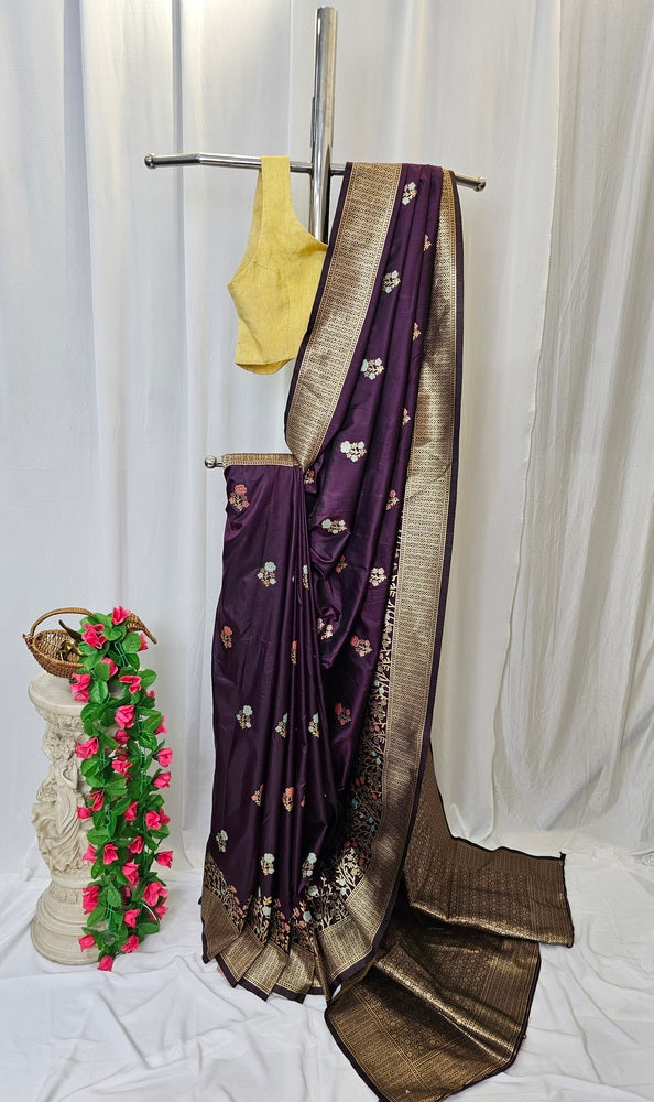 Wine Soft Silk Saree with Gold Zari Brocade Border & Brocade Pallu – Wedding & Festive Wear