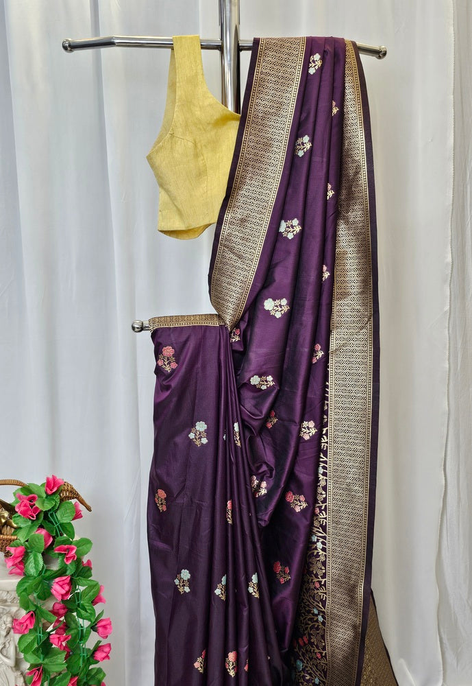 Wine Soft Silk Saree with Gold Zari Brocade Border & Brocade Pallu – Wedding & Festive Wear