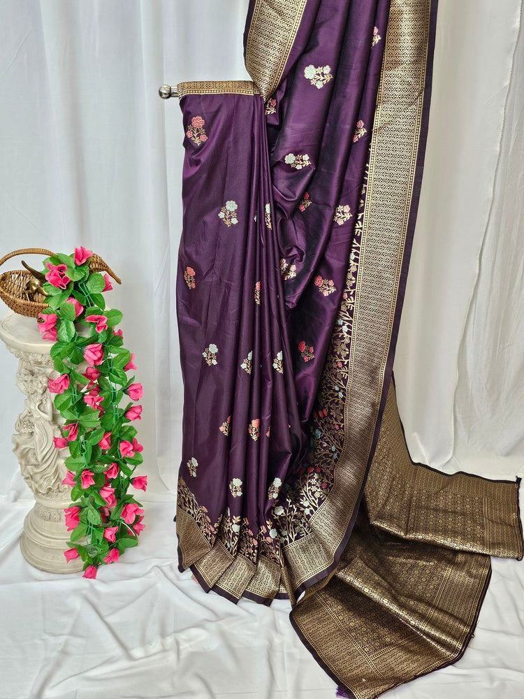 Wine Soft Silk Saree with Gold Zari Brocade Border & Brocade Pallu – Wedding & Festive Wear