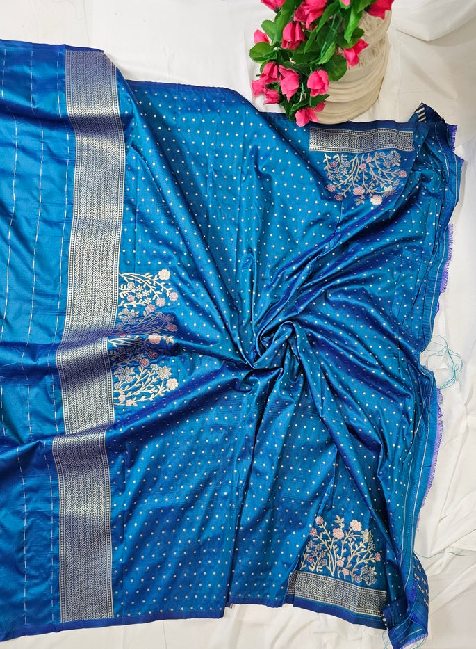 Blue Semi-Silk Soft Silk Saree with Gold Zari Phulkari Border & Brocade Pallu – Wedding & Festive Wear