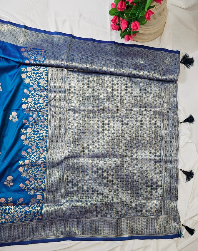 Blue Semi-Silk Soft Silk Saree with Gold Zari Phulkari Border & Brocade Pallu – Wedding & Festive Wear