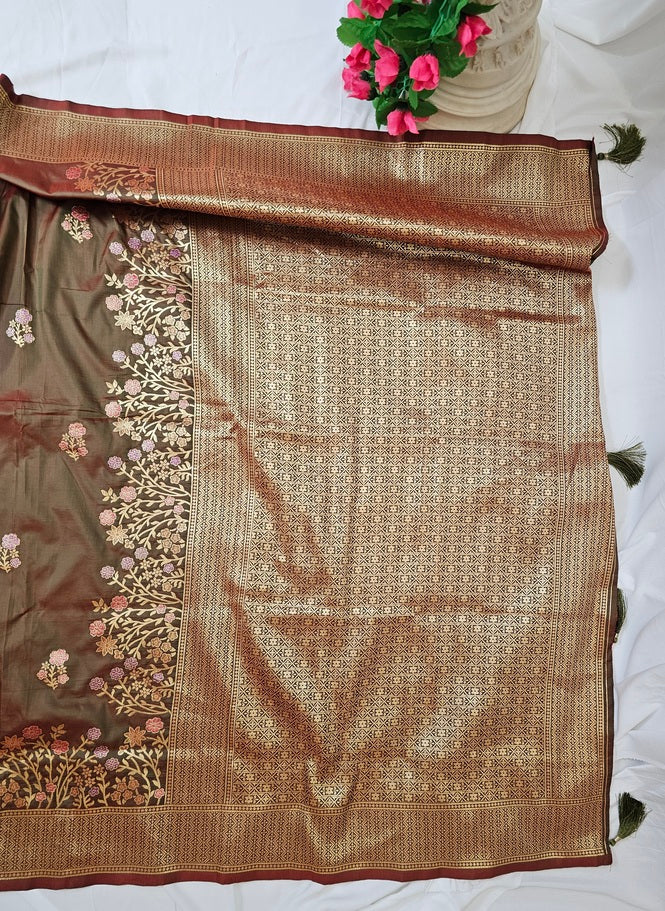 Anjiri Semi-Silk Soft Silk Saree with Gold Zari Phulkari Border & Brocade Pallu – Wedding & Festive Wear