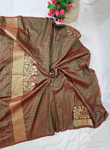 Anjiri Semi-Silk Soft Silk Saree with Gold Zari Phulkari Border & Brocade Pallu – Wedding & Festive Wear