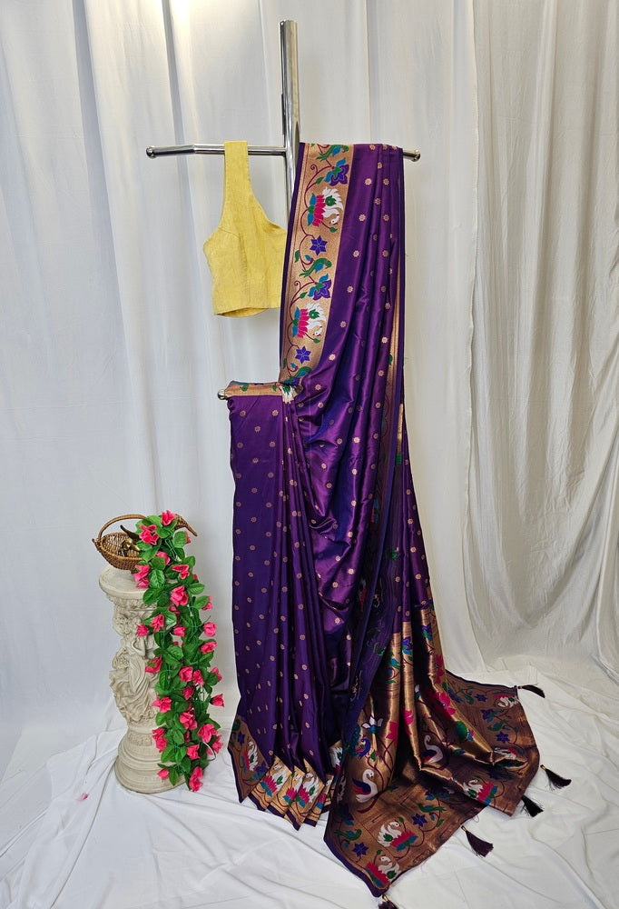 Wine Semi-Silk Soft Silk Saree with Copper Zari Rajhans & Lotus Border and Pallu  Wedding & Festive Wear