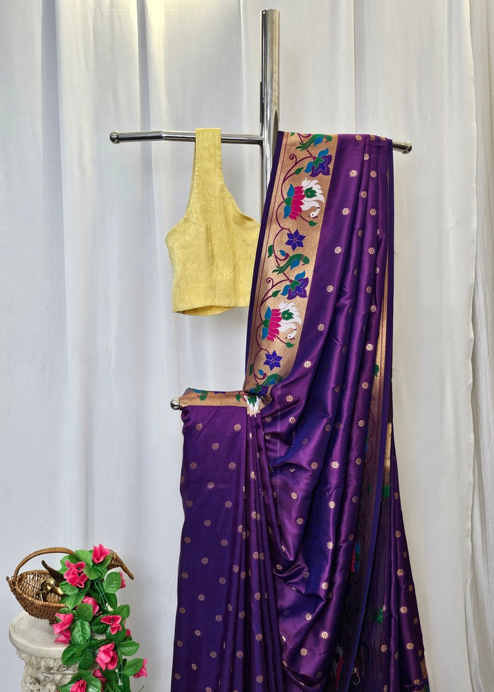 Wine Semi-Silk Soft Silk Saree with Copper Zari Rajhans & Lotus Border and Pallu  Wedding & Festive Wear
