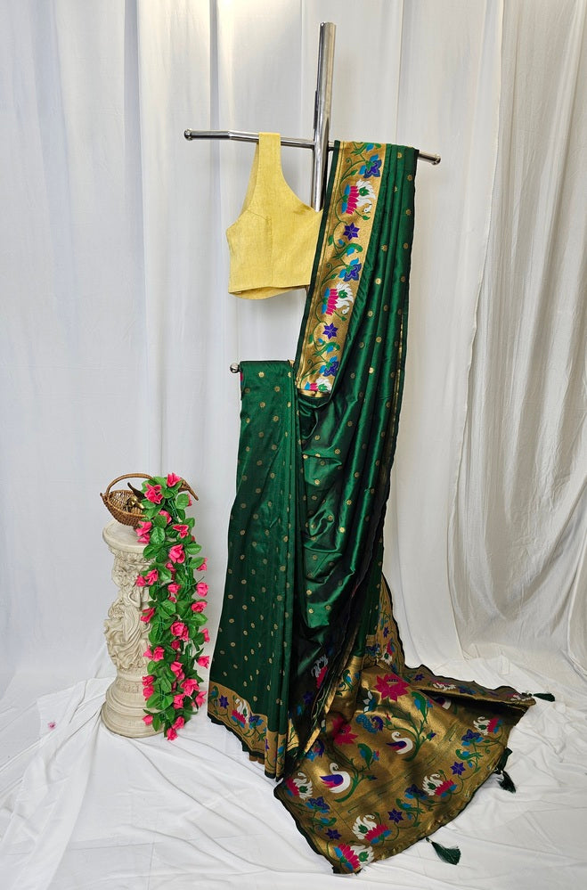 Green Semi-Silk Soft Silk Saree with Copper Zari Rajhans & Lotus Border and Pallu  Wedding & Festive Wear