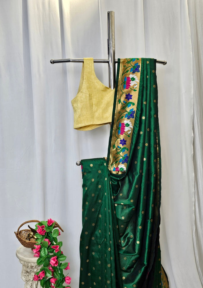 Green Semi-Silk Soft Silk Saree with Copper Zari Rajhans & Lotus Border and Pallu  Wedding & Festive Wear