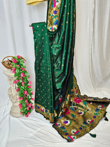 Green Semi-Silk Soft Silk Saree with Copper Zari Rajhans & Lotus Border and Pallu  Wedding & Festive Wear