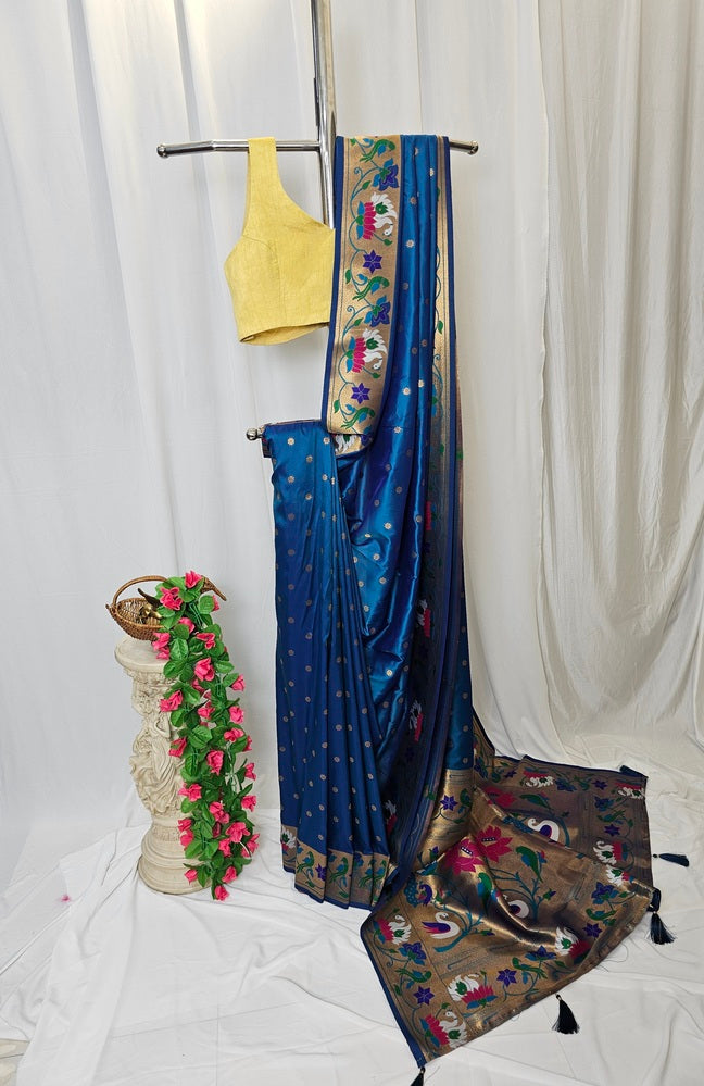 Rama Blue Semi-Silk Paithani Saree with Copper Zari Rajhans & Lotus Border and Pallu  Wedding & Festive Wear