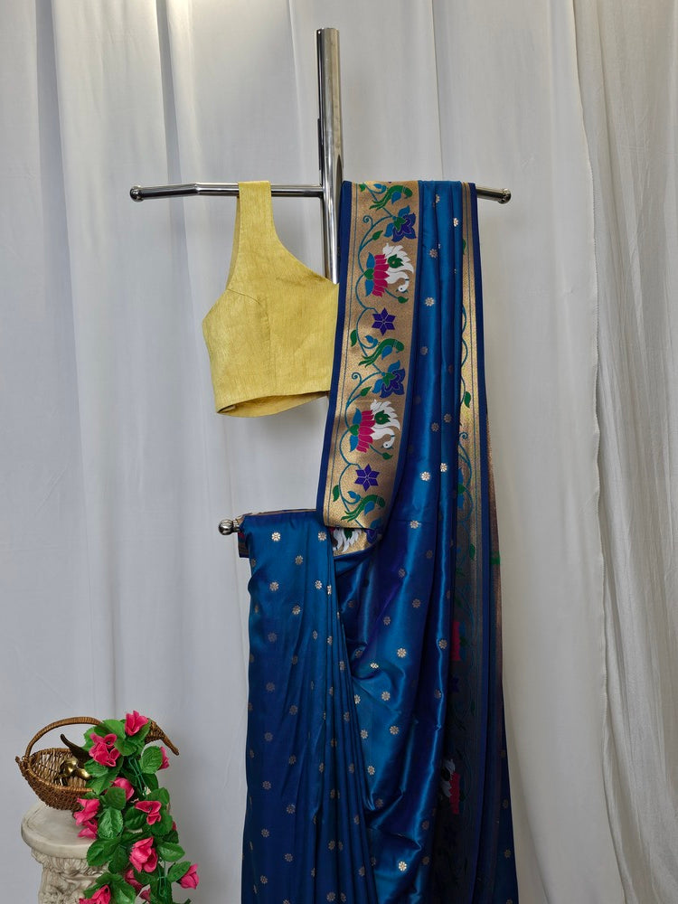 Rama Blue Semi-Silk Paithani Saree with Copper Zari Rajhans & Lotus Border and Pallu  Wedding & Festive Wear