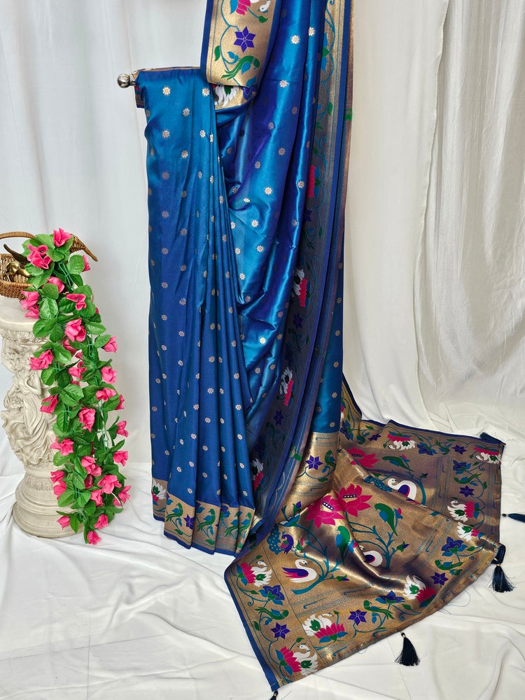 Rama Blue Semi-Silk Paithani Saree with Copper Zari Rajhans & Lotus Border and Pallu  Wedding & Festive Wear