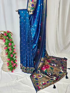 Rama Blue Semi-Silk Paithani Saree with Copper Zari Rajhans & Lotus Border and Pallu  Wedding & Festive Wear