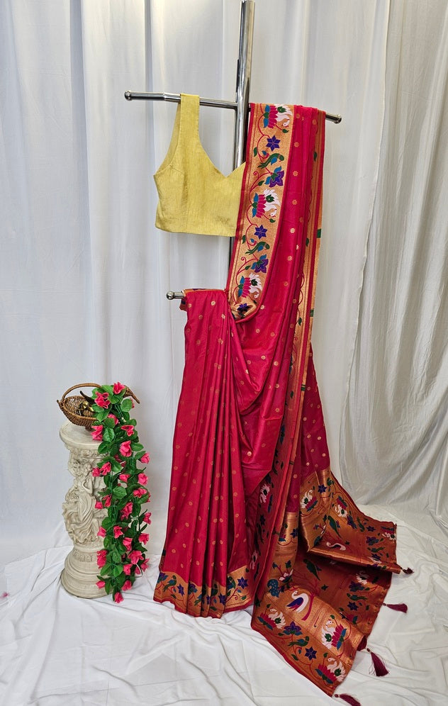 Carrot Pink Soft Silk Paithani Saree with Copper Zari Rajhans & Lotus Border and Pallu – Wedding & Festive Wear