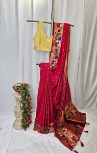 Carrot Pink Soft Silk Paithani Saree with Copper Zari Rajhans & Lotus Border and Pallu – Wedding & Festive Wear