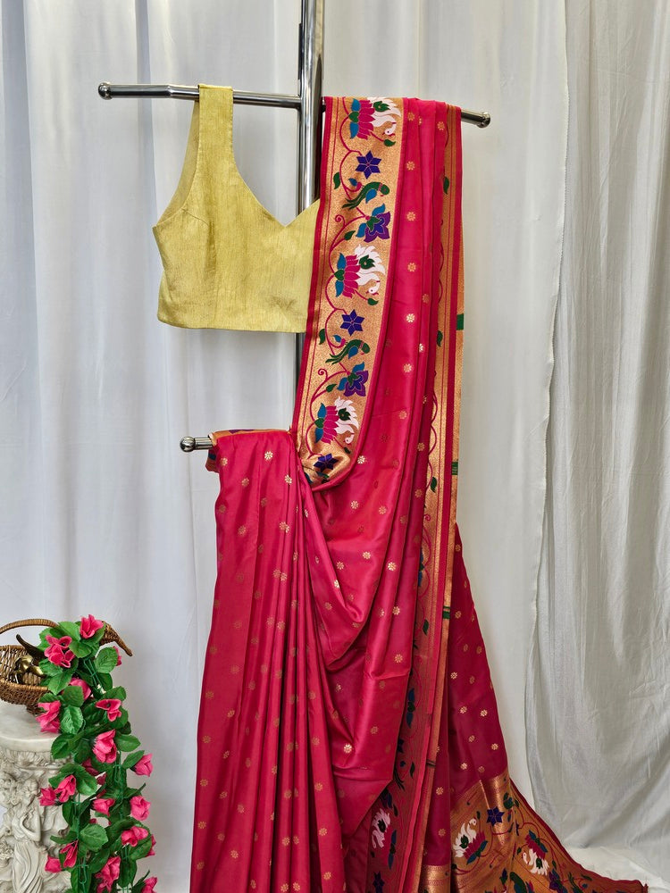 Carrot Pink Soft Silk Paithani Saree with Copper Zari Rajhans & Lotus Border and Pallu – Wedding & Festive Wear