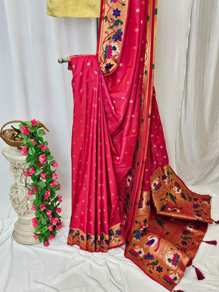 Carrot Pink Soft Silk Paithani Saree with Copper Zari Rajhans & Lotus Border and Pallu – Wedding & Festive Wear