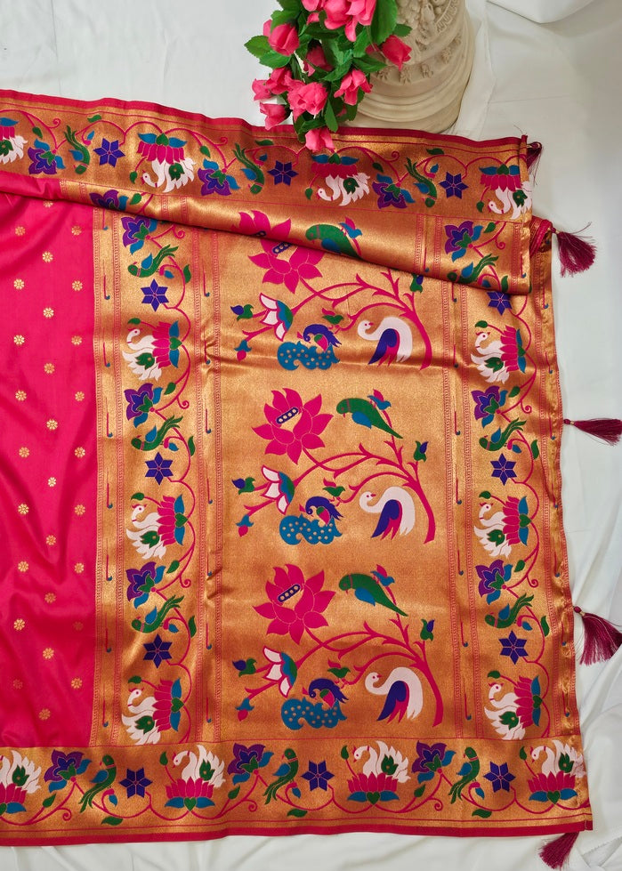 Carrot Pink Soft Silk Paithani Saree with Copper Zari Rajhans & Lotus Border and Pallu – Wedding & Festive Wear