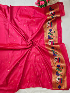 Carrot Pink Soft Silk Paithani Saree with Copper Zari Rajhans & Lotus Border and Pallu – Wedding & Festive Wear
