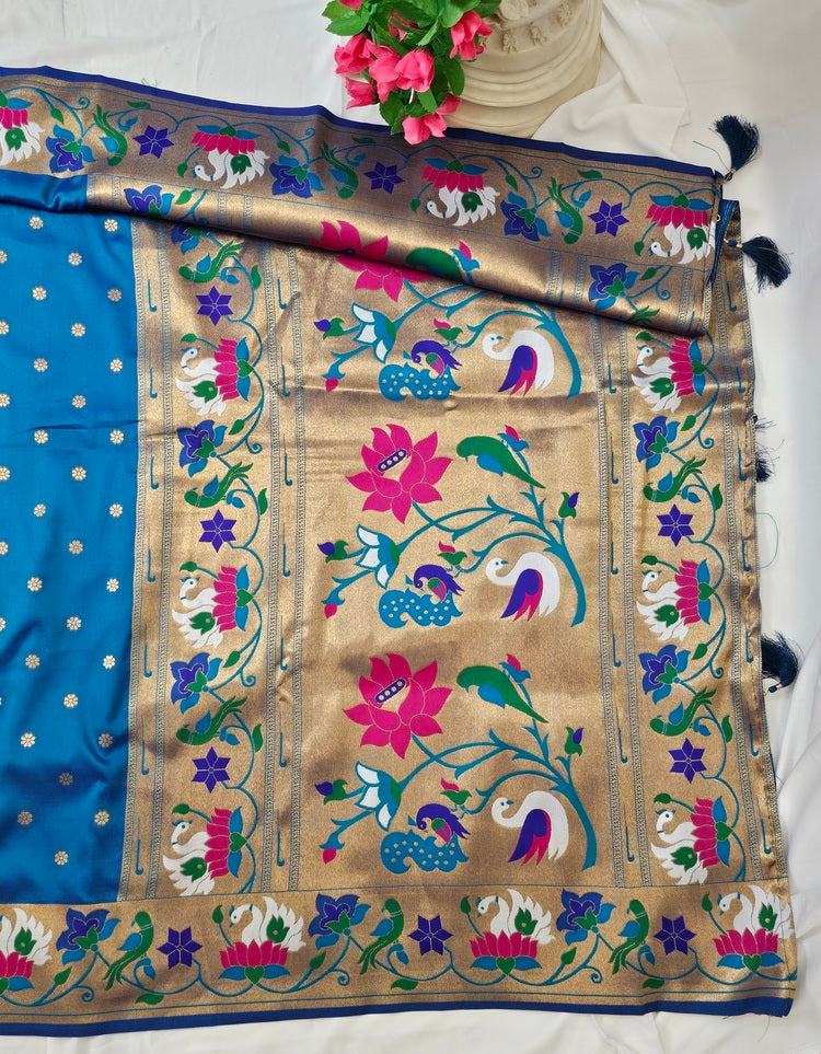 Rama Blue Semi-Silk Paithani Saree with Copper Zari Rajhans & Lotus Border and Pallu  Wedding & Festive Wear