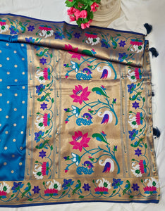 Rama Blue Semi-Silk Paithani Saree with Copper Zari Rajhans & Lotus Border and Pallu  Wedding & Festive Wear