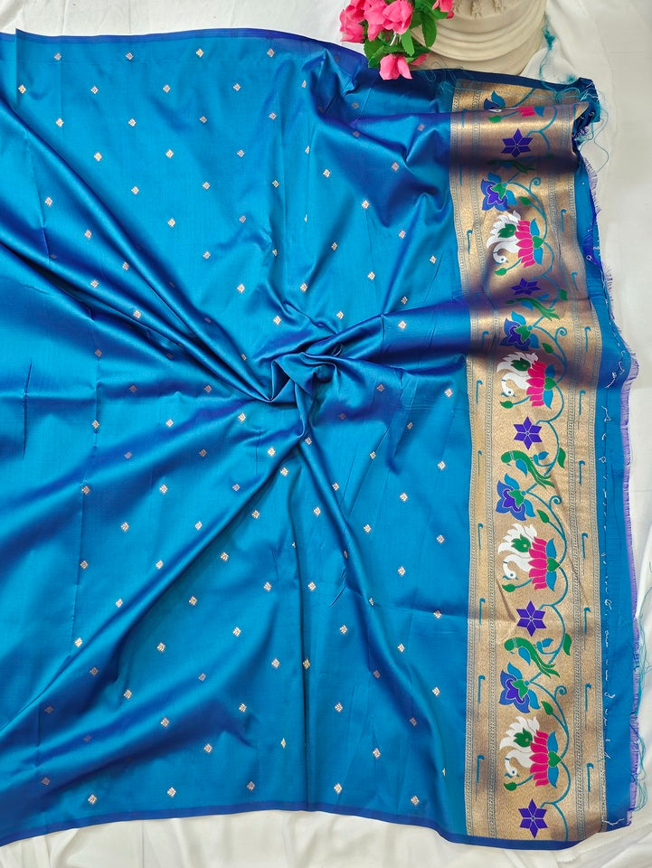 Rama Blue Semi-Silk Paithani Saree with Copper Zari Rajhans & Lotus Border and Pallu  Wedding & Festive Wear