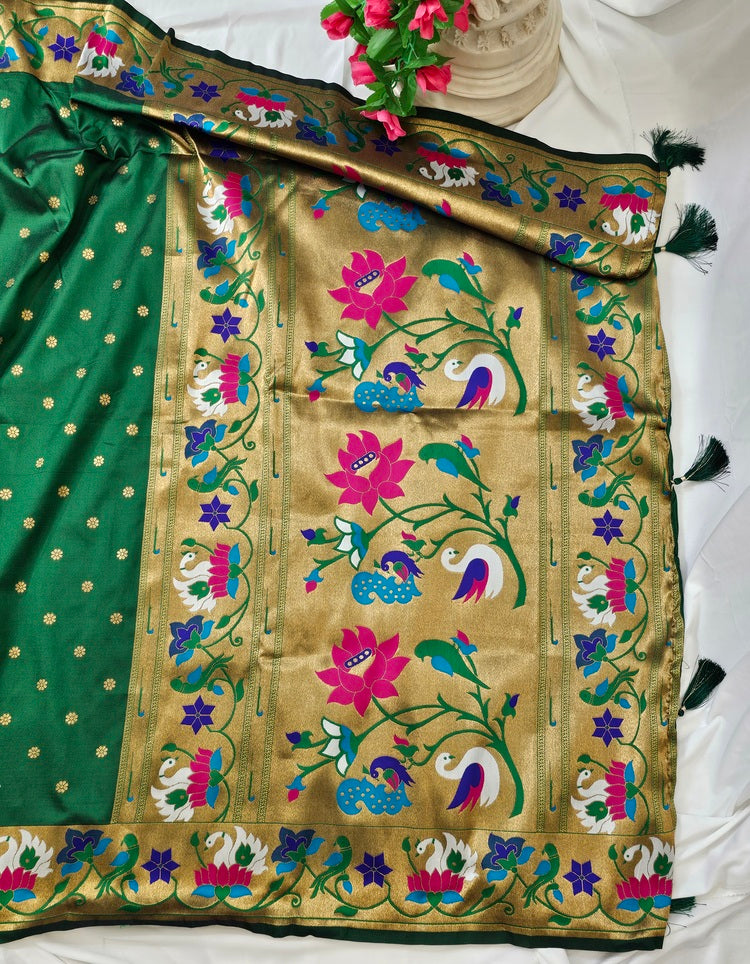 Green Semi-Silk Soft Silk Saree with Copper Zari Rajhans & Lotus Border and Pallu  Wedding & Festive Wear