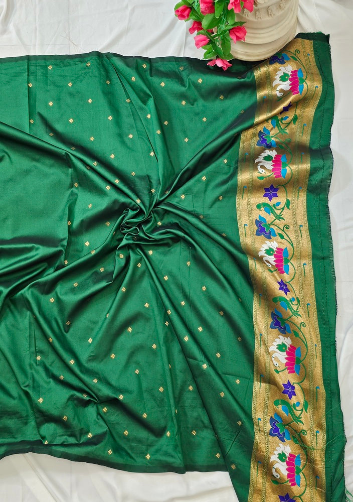 Green Semi-Silk Soft Silk Saree with Copper Zari Rajhans & Lotus Border and Pallu  Wedding & Festive Wear