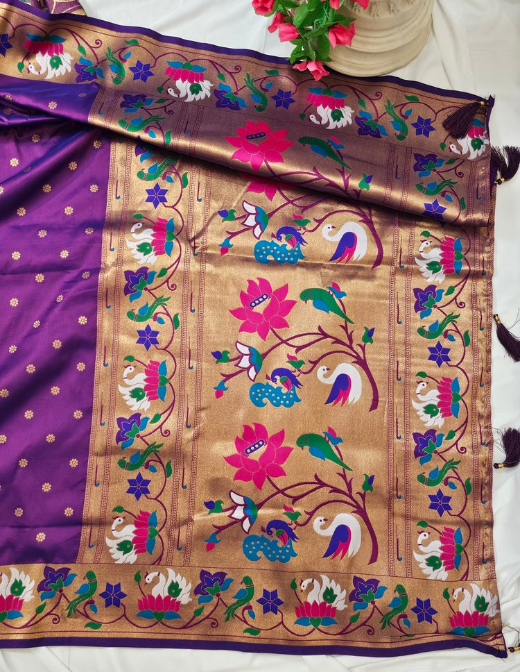 Wine Semi-Silk Soft Silk Saree with Copper Zari Rajhans & Lotus Border and Pallu  Wedding & Festive Wear