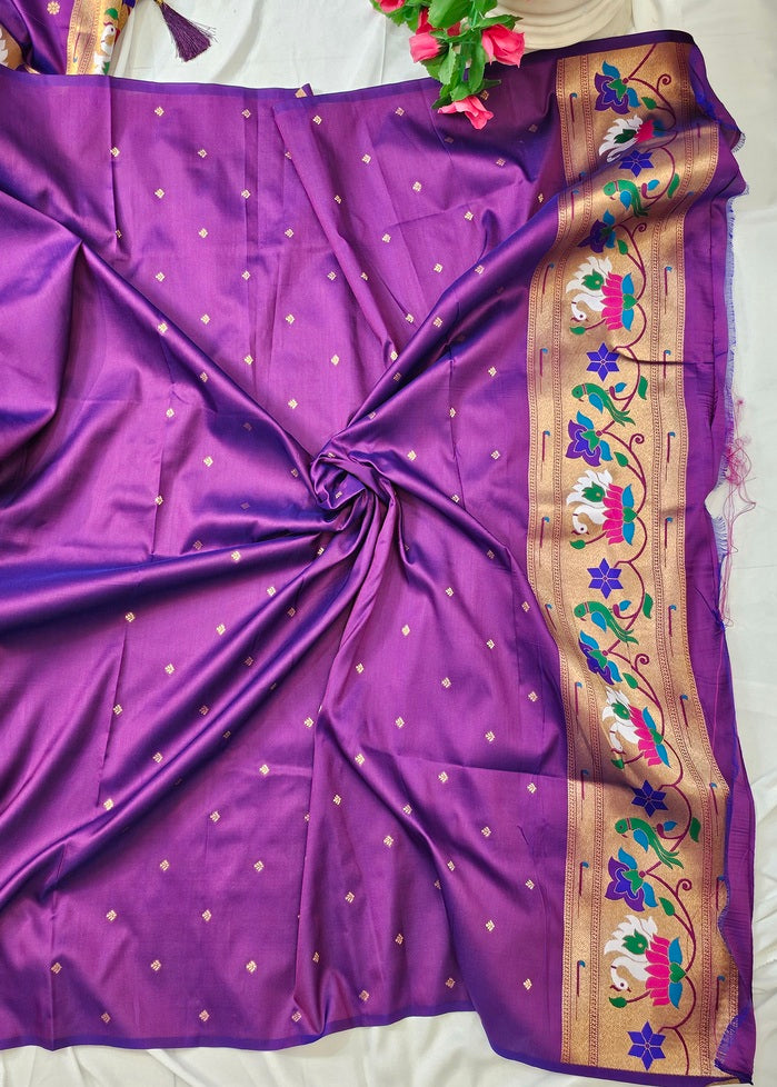 Wine Semi-Silk Soft Silk Saree with Copper Zari Rajhans & Lotus Border and Pallu  Wedding & Festive Wear