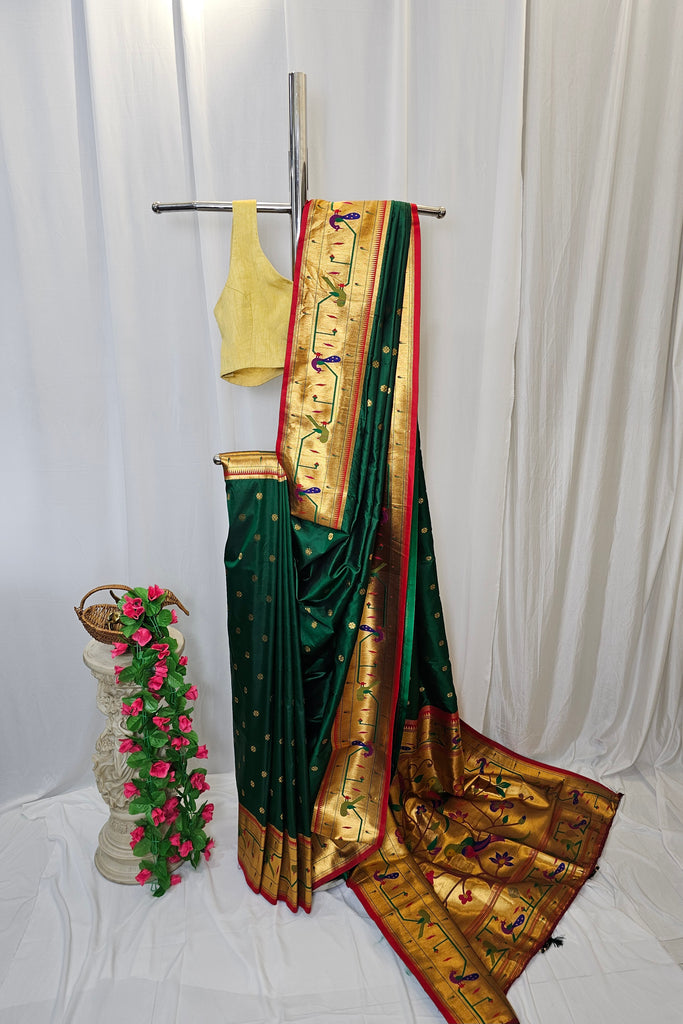 Green Soft Silk Paithani Saree with Copper Zari Peacock Border & Pallu  Wedding & Festive Wear