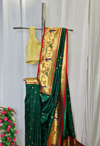Green Soft Silk Paithani Saree with Copper Zari Peacock Border & Pallu  Wedding & Festive Wear