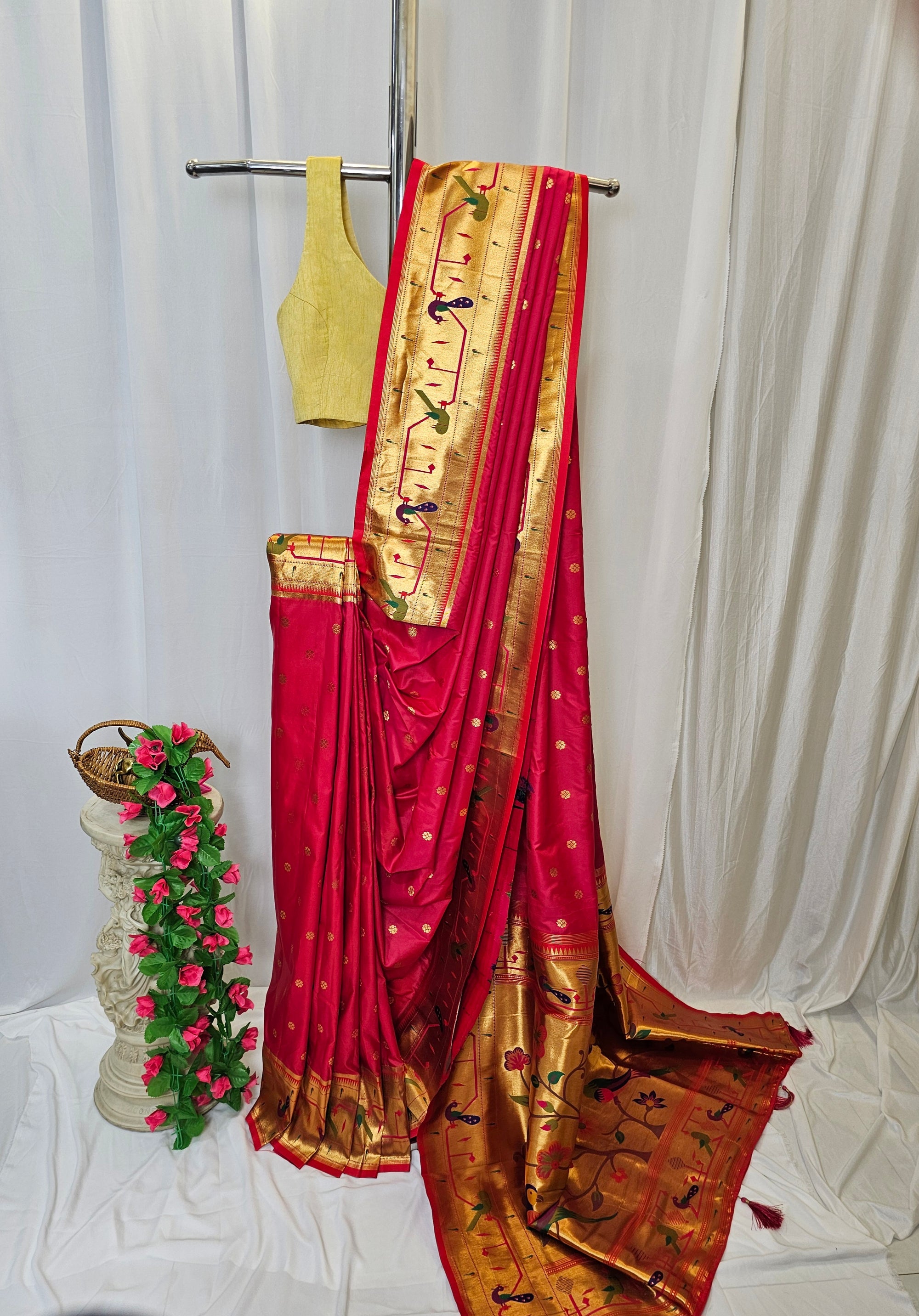 Rani Pink Semi-Silk Paithani Saree with Copper Zari Peacock & Parrot Border and Pallu  Wedding & Festive Wear