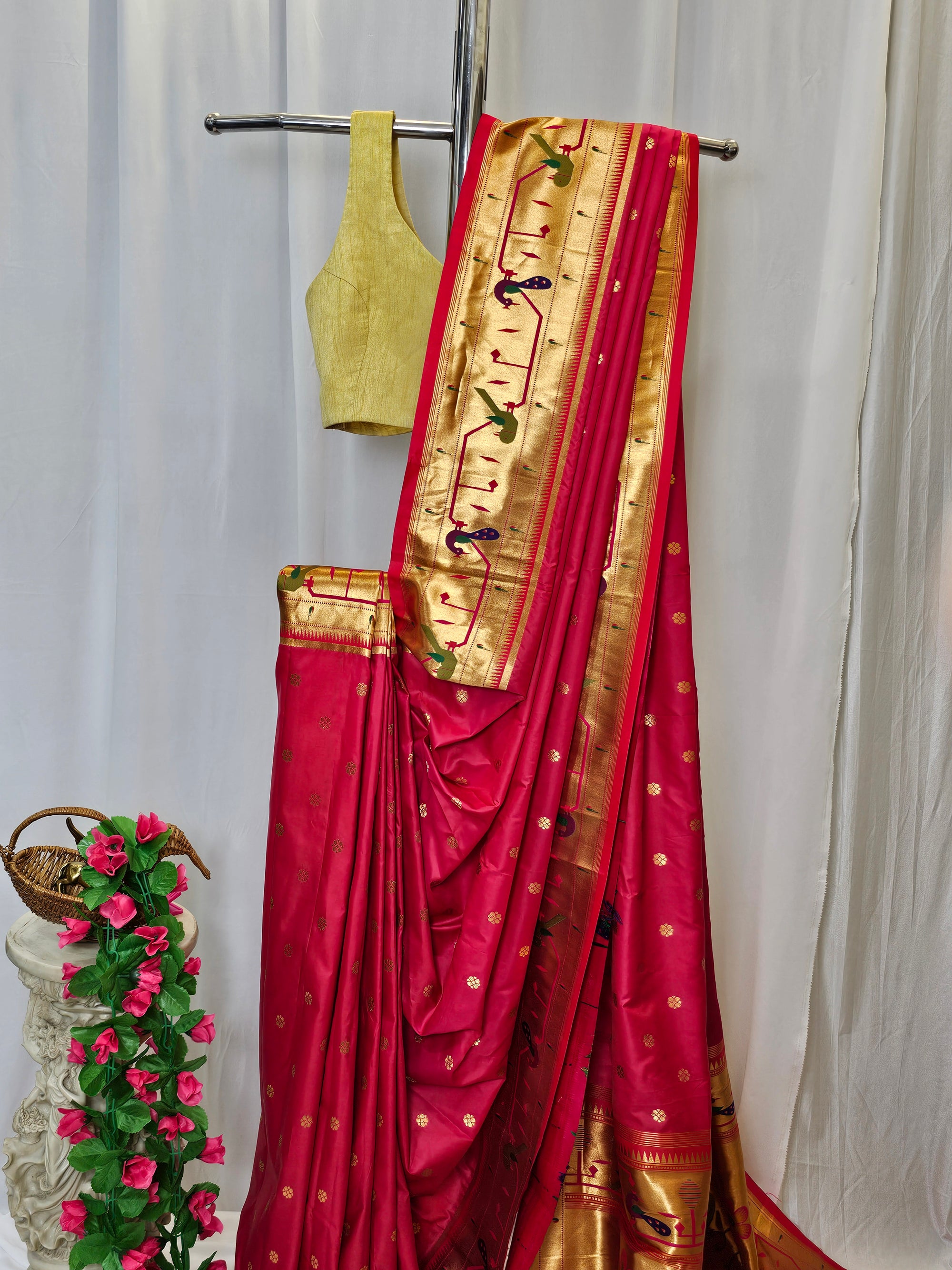 Rani Pink Semi-Silk Paithani Saree with Copper Zari Peacock & Parrot Border and Pallu  Wedding & Festive Wear