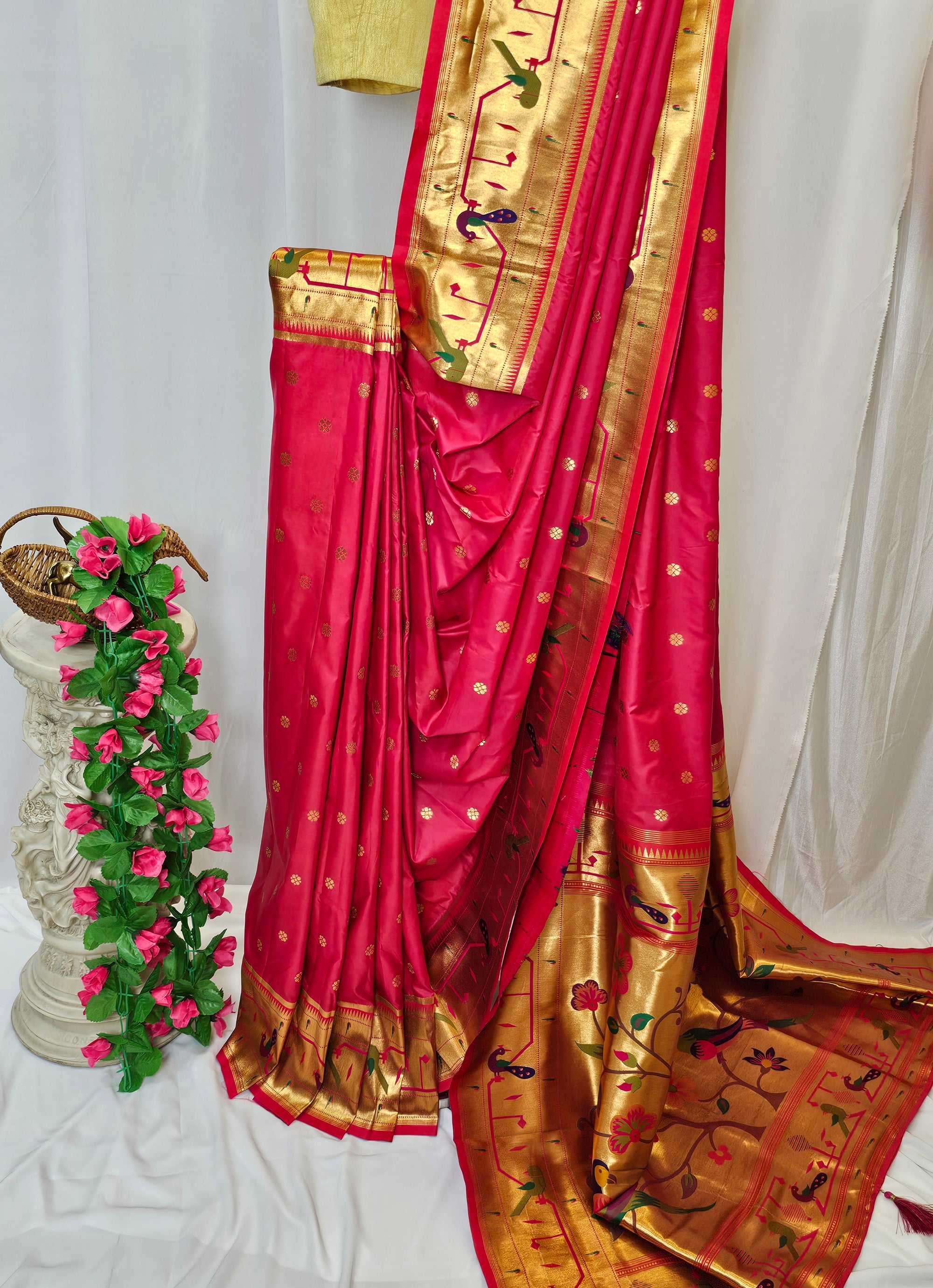 Rani Pink Semi-Silk Paithani Saree with Copper Zari Peacock & Parrot Border and Pallu  Wedding & Festive Wear