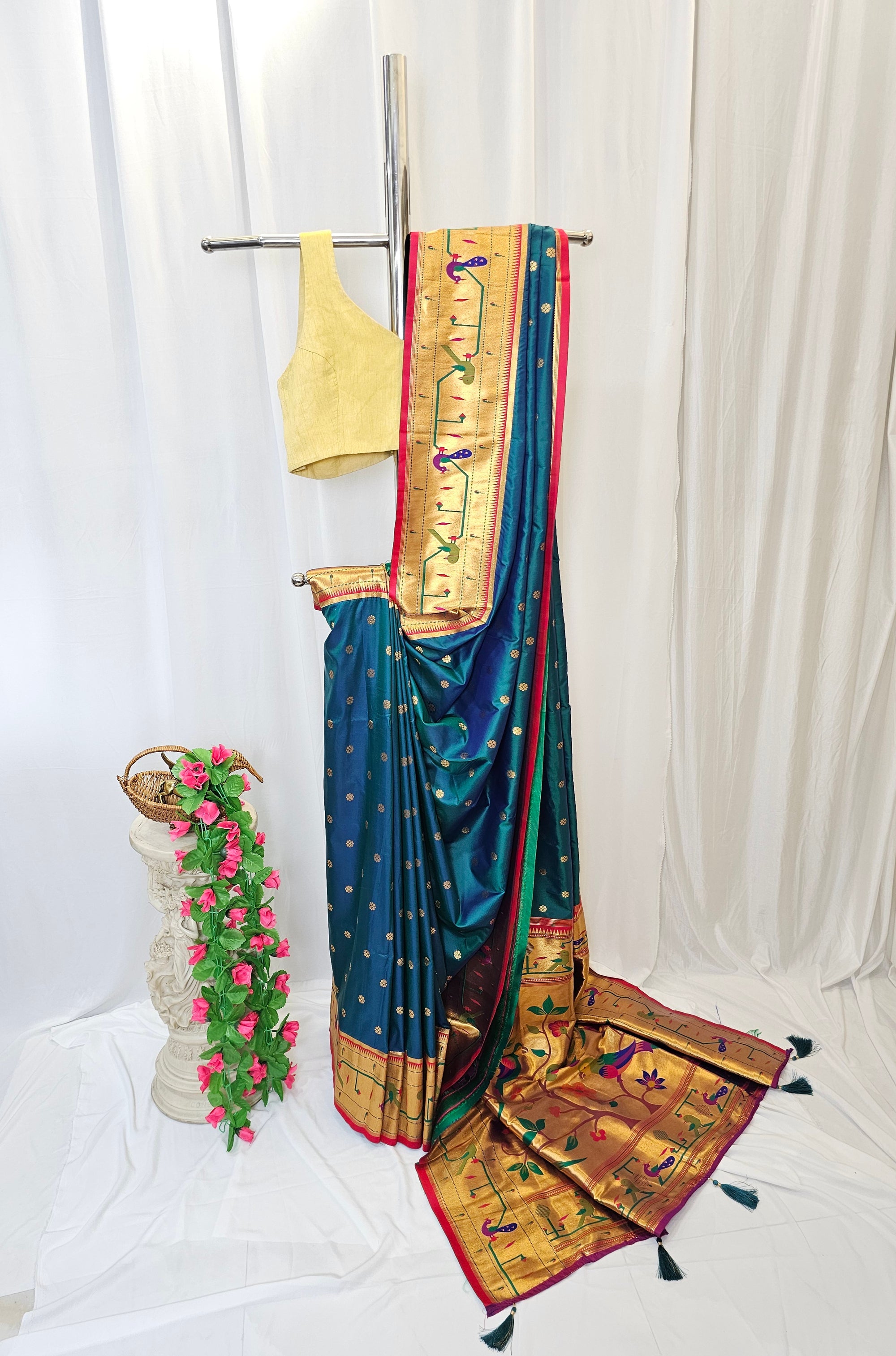 Rama Blue Soft Silk Paithani Saree with Copper Zari Peacock & Parrot Border and Pallu – Wedding & Festive Wear