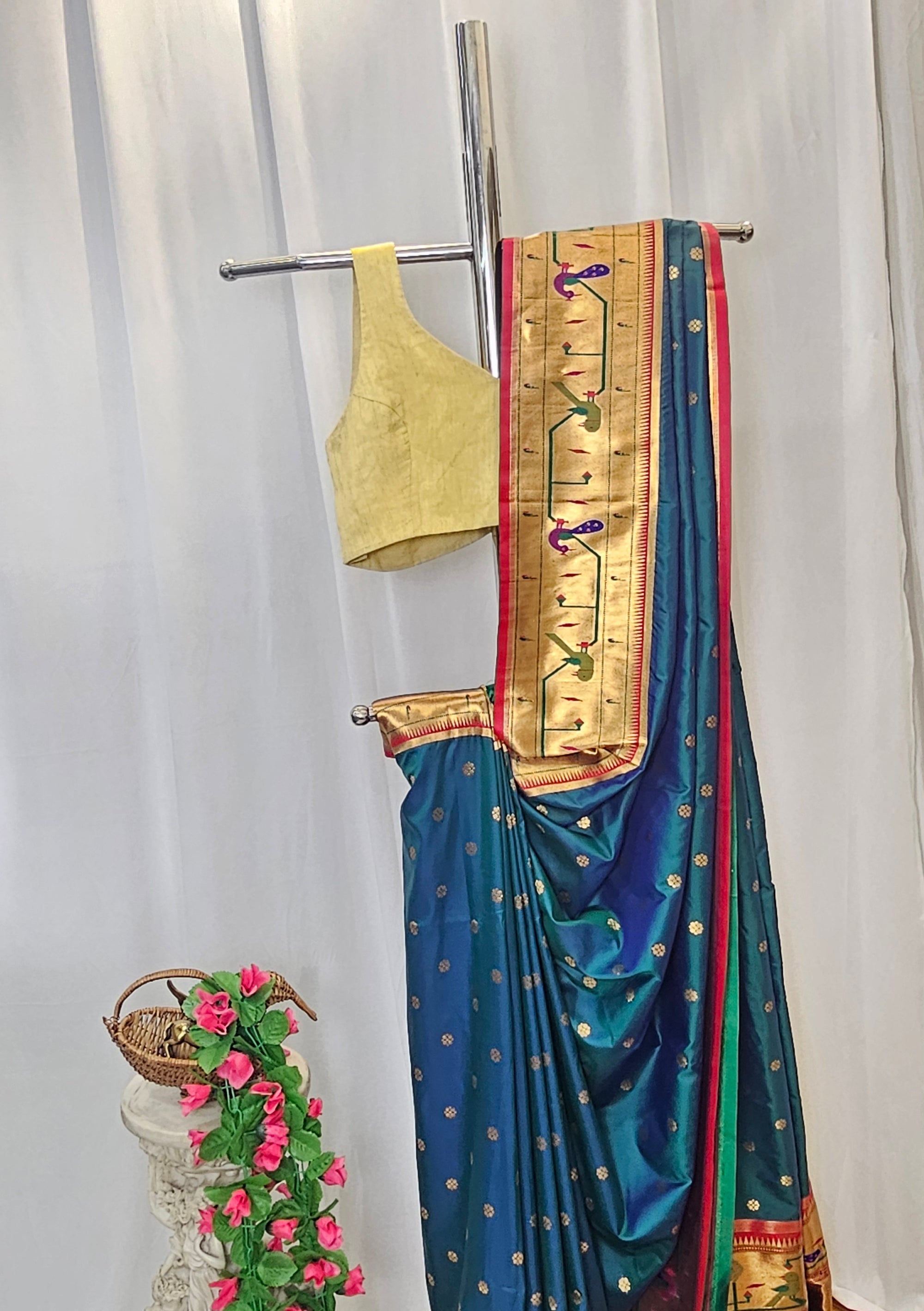 Rama Blue Soft Silk Paithani Saree with Copper Zari Peacock & Parrot Border and Pallu – Wedding & Festive Wear