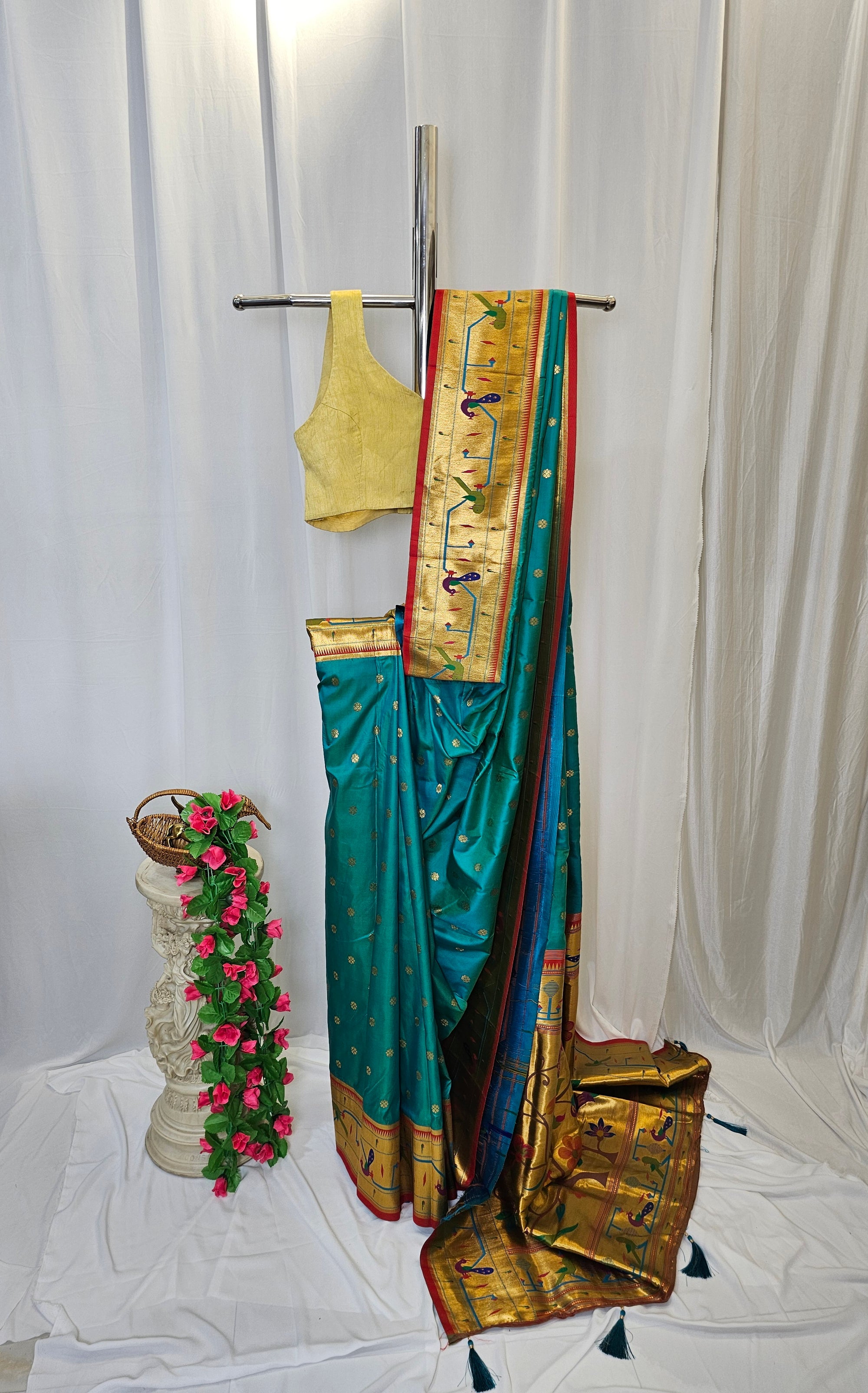 Rama Green Soft Silk Paithani Saree with Copper Zari Peacock & Parrot Border and Pallu Wedding & Festive Wear