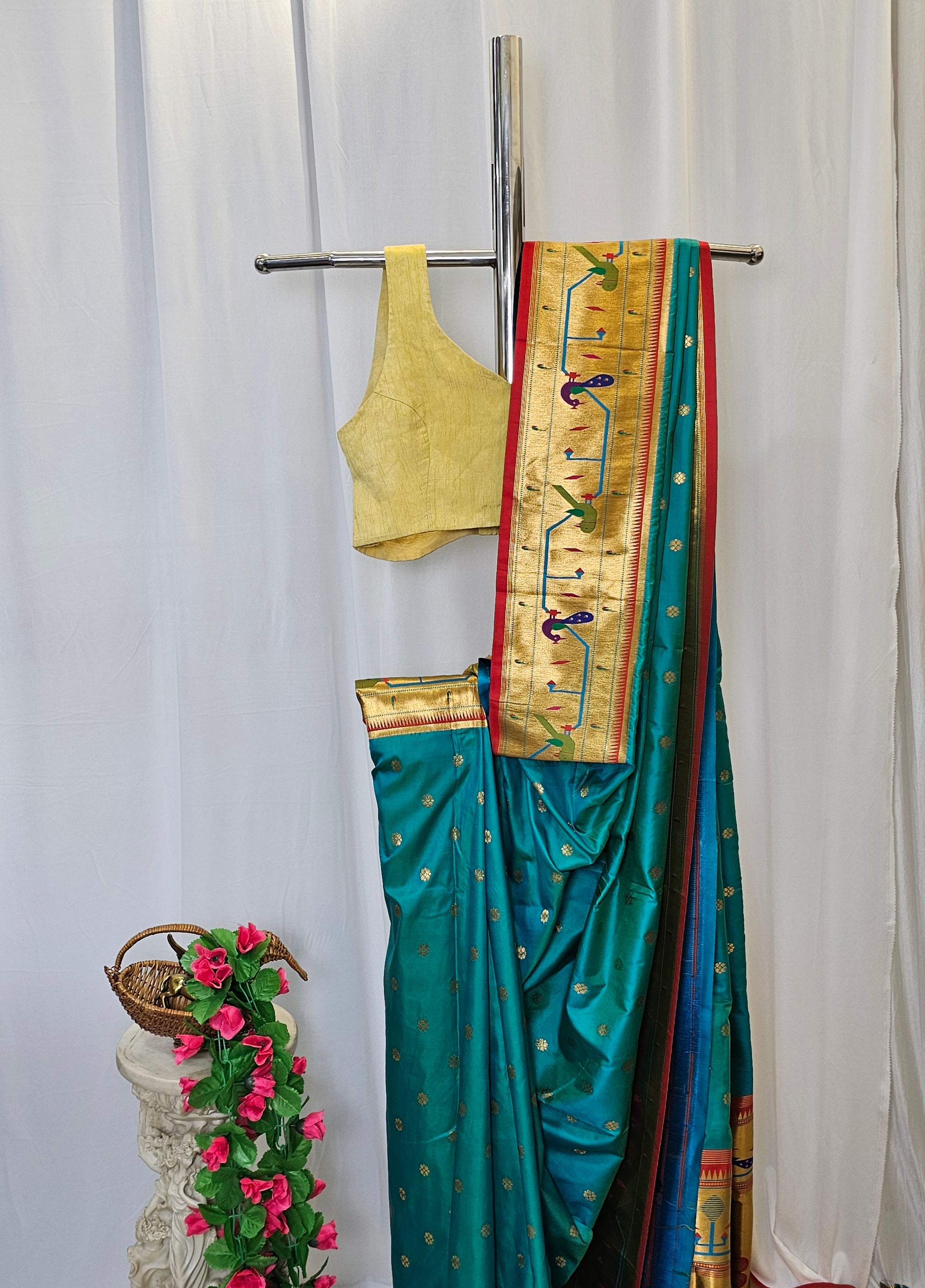 Rama Green Soft Silk Paithani Saree with Copper Zari Peacock & Parrot Border and Pallu Wedding & Festive Wear