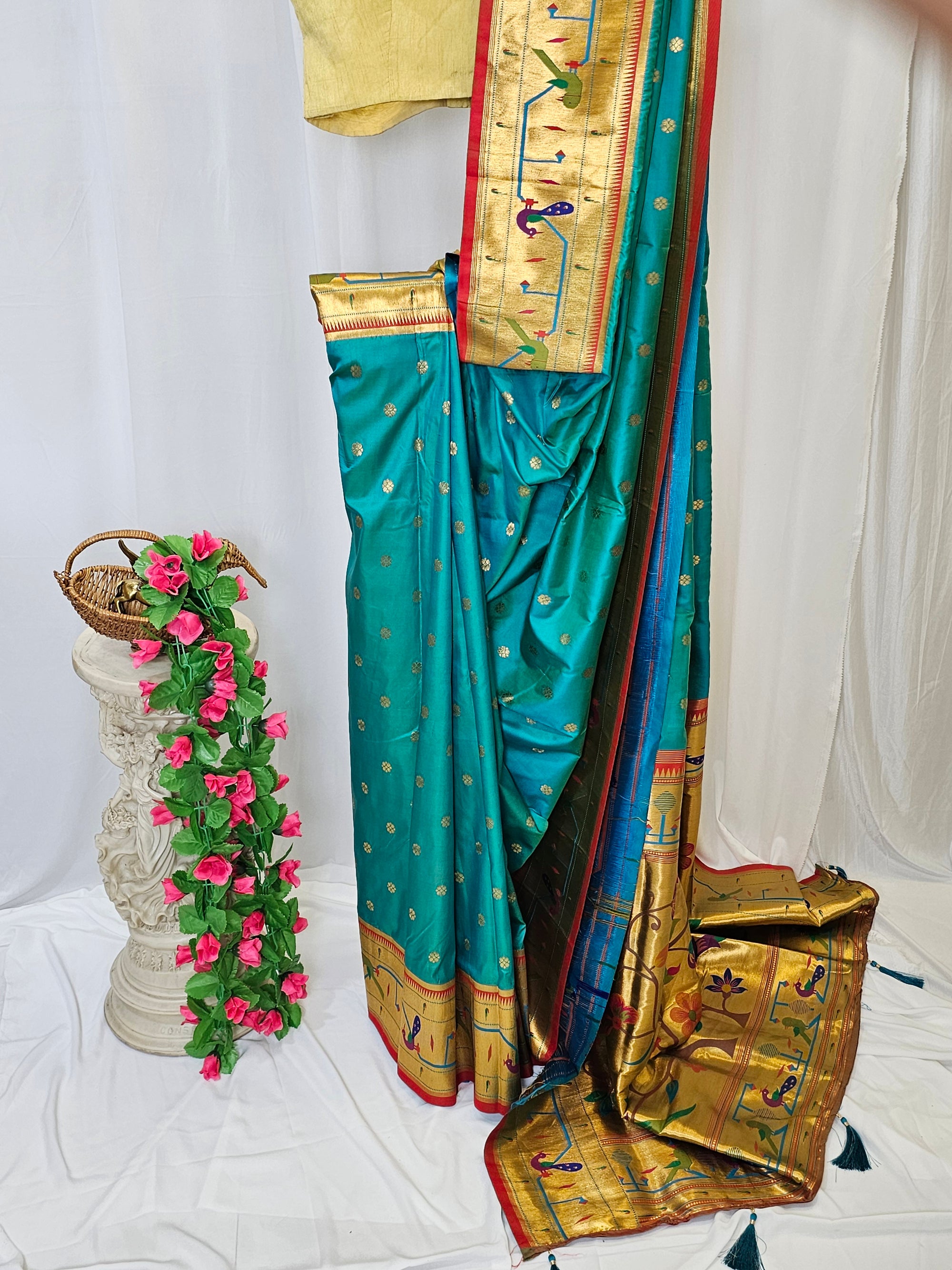 Rama Green Soft Silk Paithani Saree with Copper Zari Peacock & Parrot Border and Pallu Wedding & Festive Wear