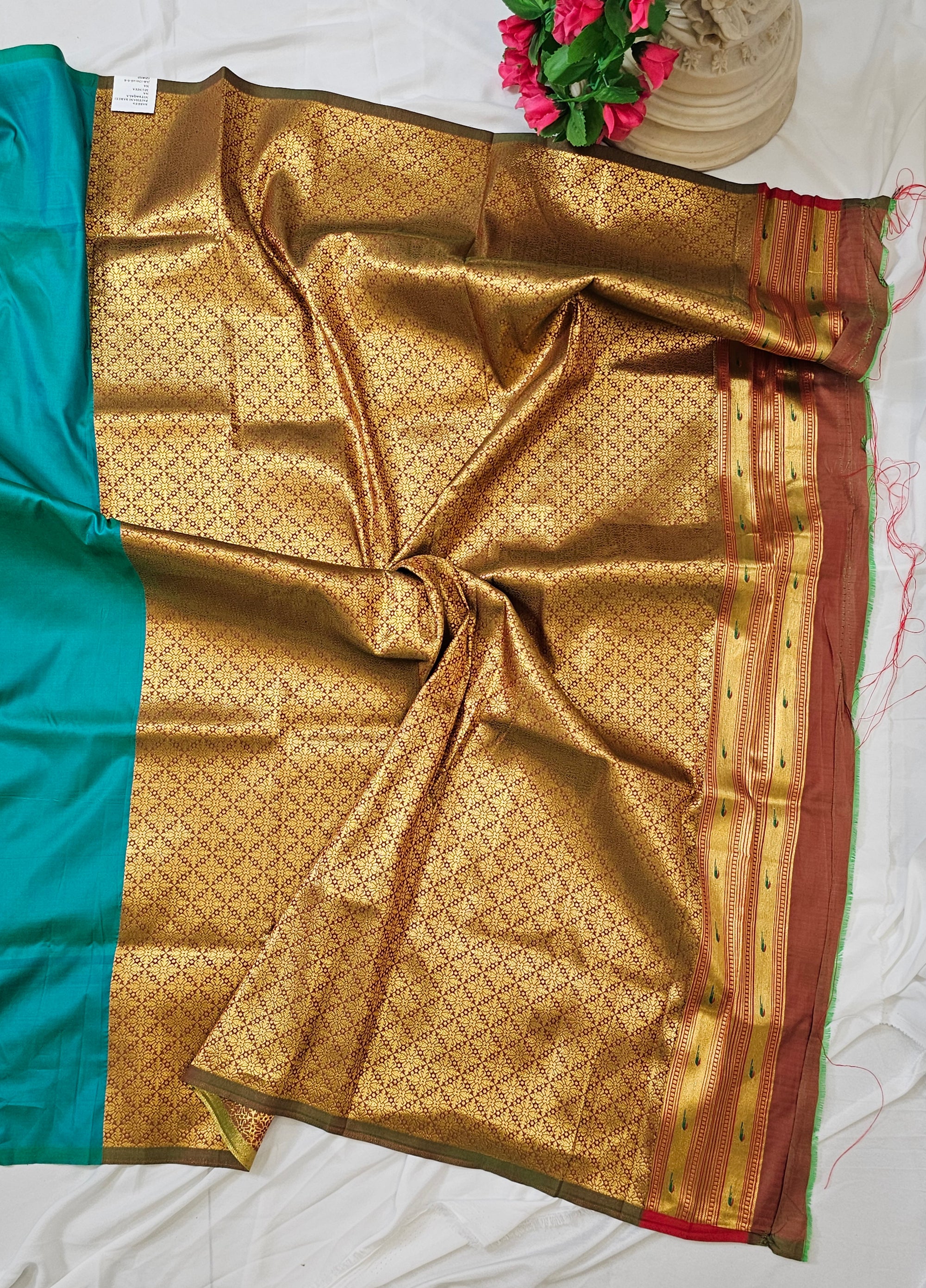 Rama Green Soft Silk Paithani Saree with Copper Zari Peacock & Parrot Border and Pallu Wedding & Festive Wear