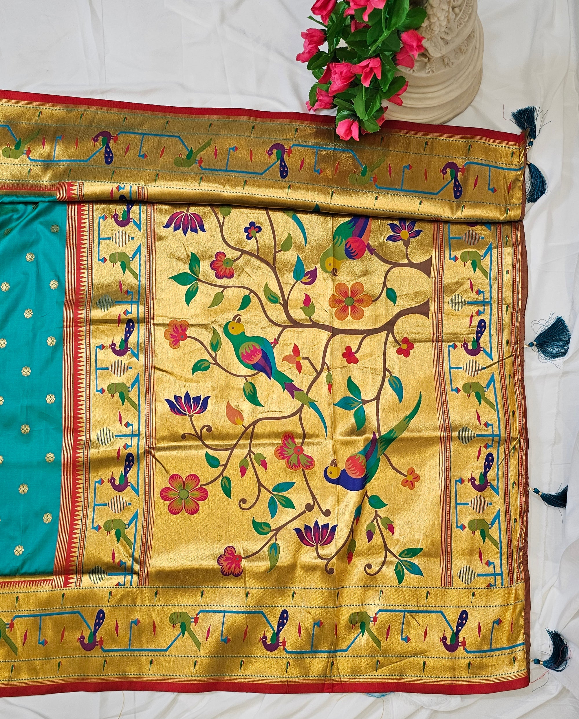 Rama Green Soft Silk Paithani Saree with Copper Zari Peacock & Parrot Border and Pallu Wedding & Festive Wear