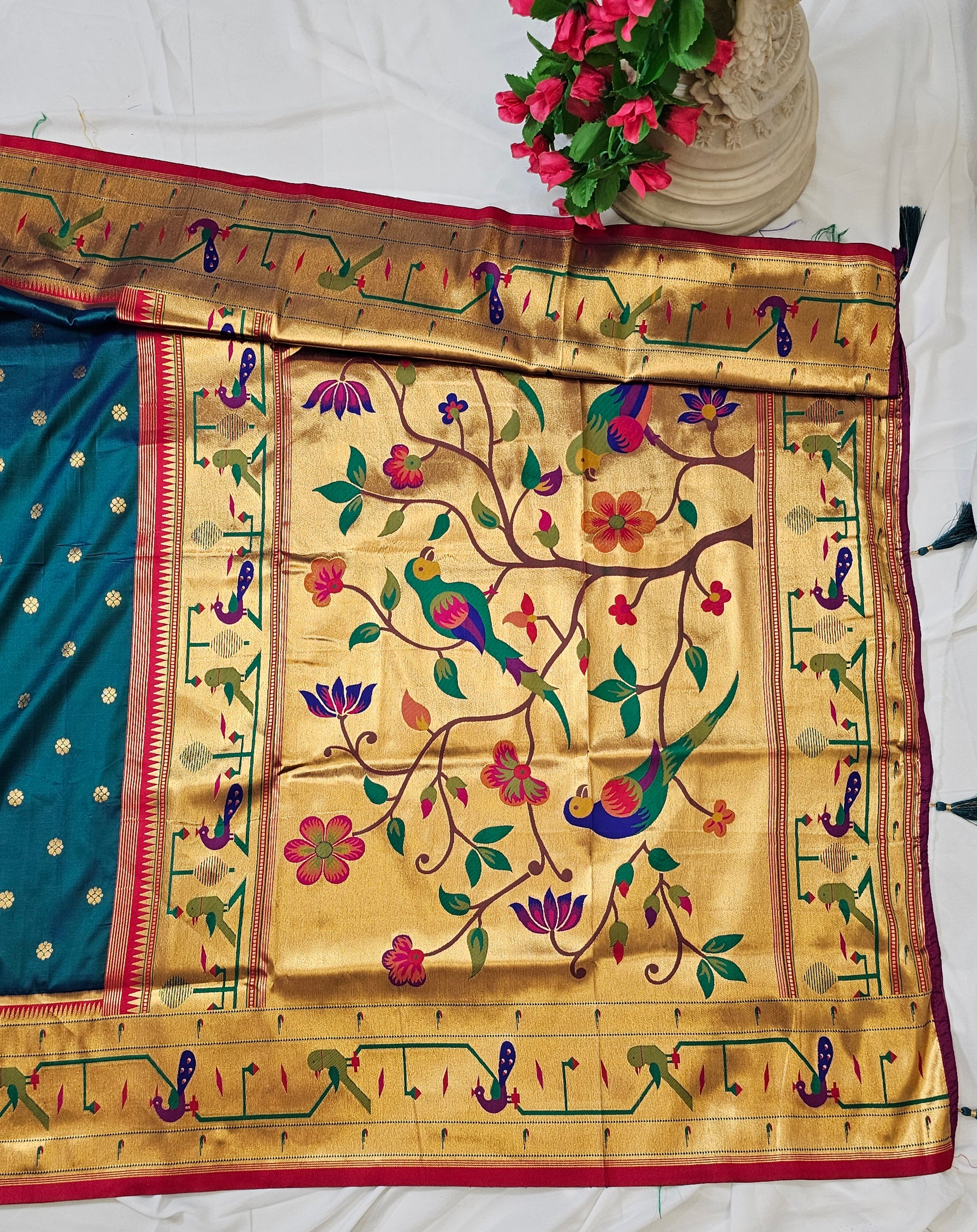 Rama Blue Soft Silk Paithani Saree with Copper Zari Peacock & Parrot Border and Pallu – Wedding & Festive Wear