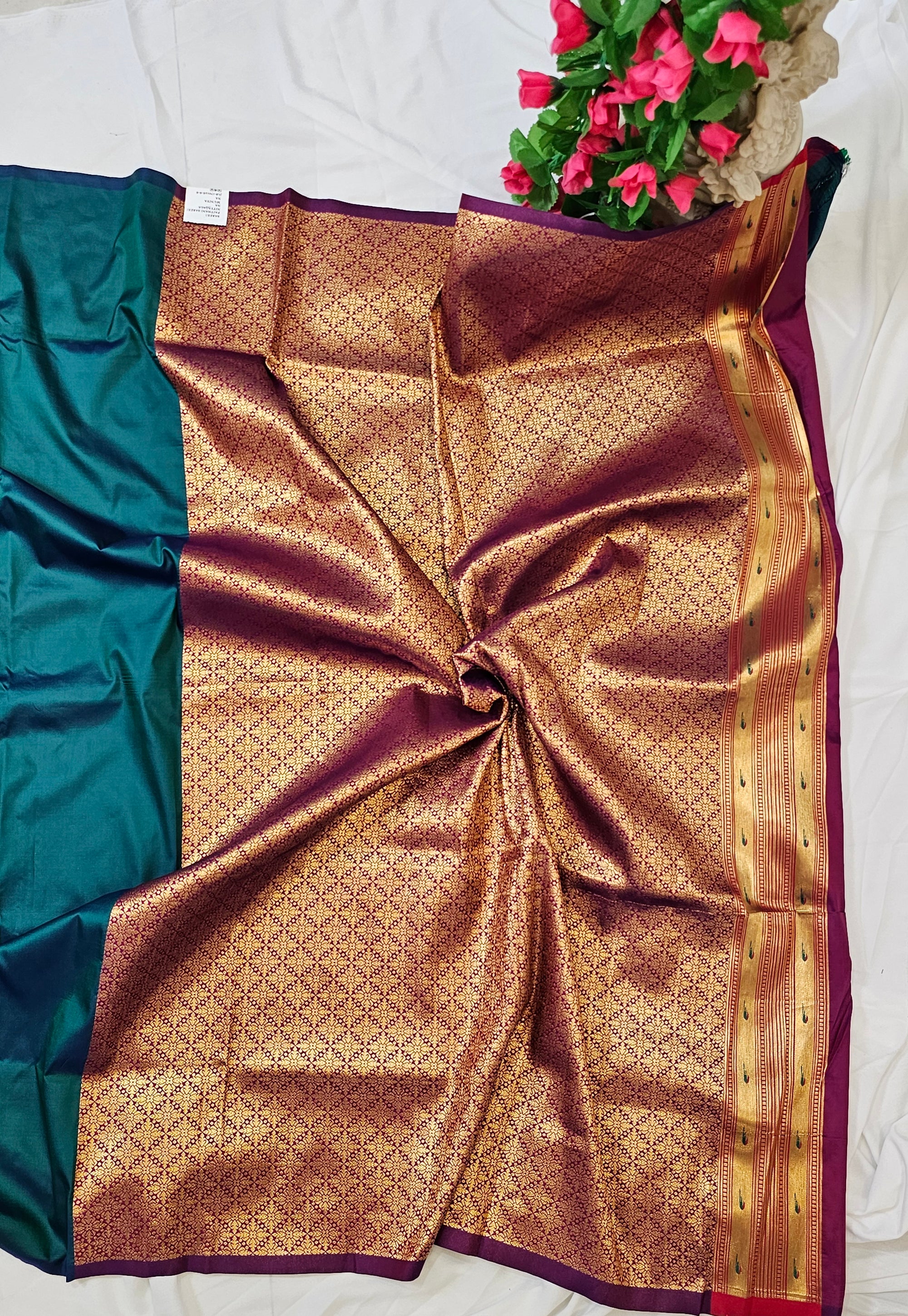 Rama Blue Soft Silk Paithani Saree with Copper Zari Peacock & Parrot Border and Pallu – Wedding & Festive Wear